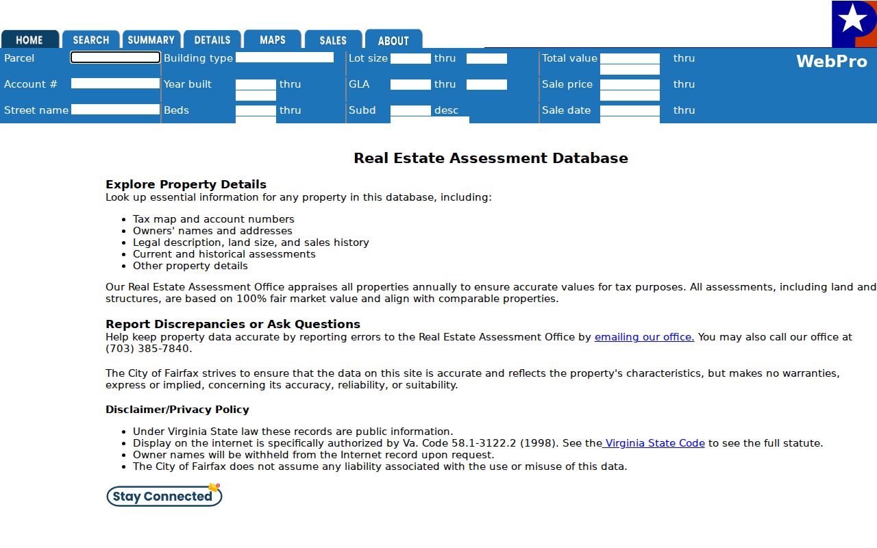 Fairfax residents directory City WebPro parcel search