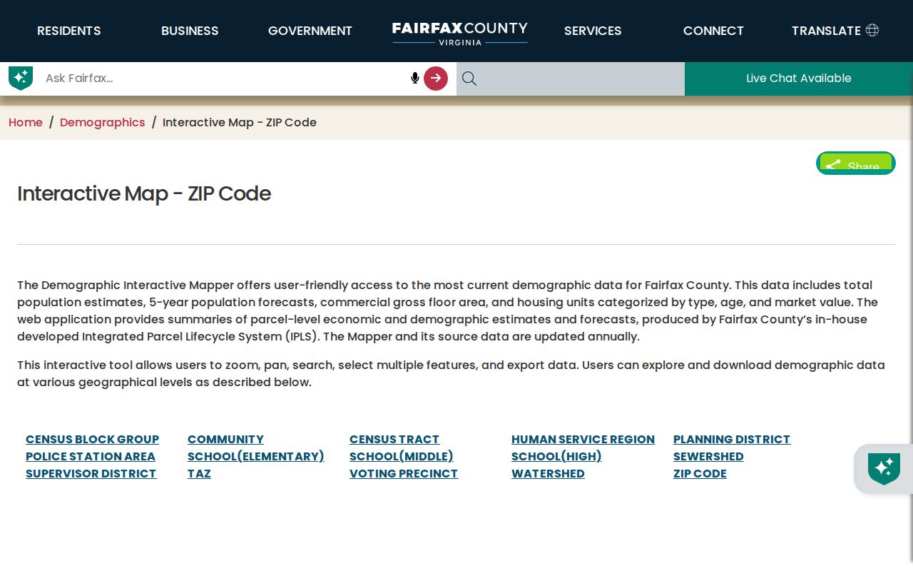Fairfax ZIP code directory County demographic mapper