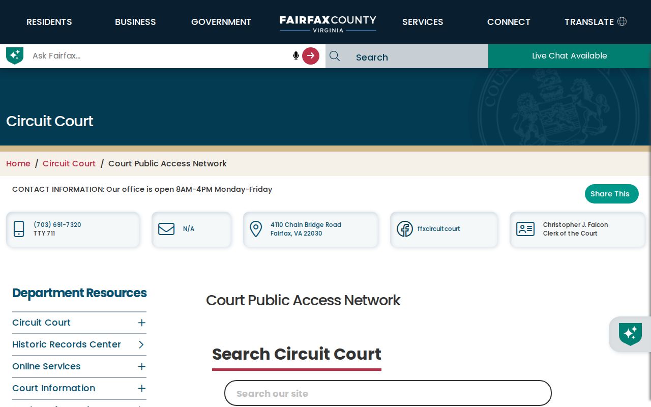Fairfax residents directory CPAN court-record access page