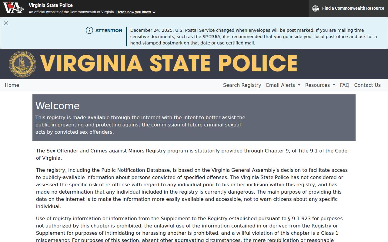 Fairfax residents directory Virginia offender registry search